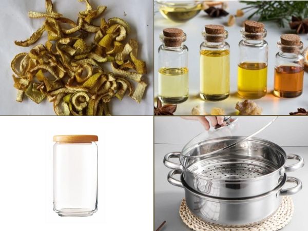 Nguyên liệu và dụng cụ cần thiết khi làm tinh dầu bưởi bằng vỏ bưởi khô