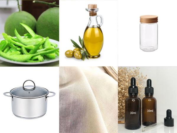 Nguyên liệu và dụng cụ cần có khi làm tinh dầu bưởi bằng dầu nền