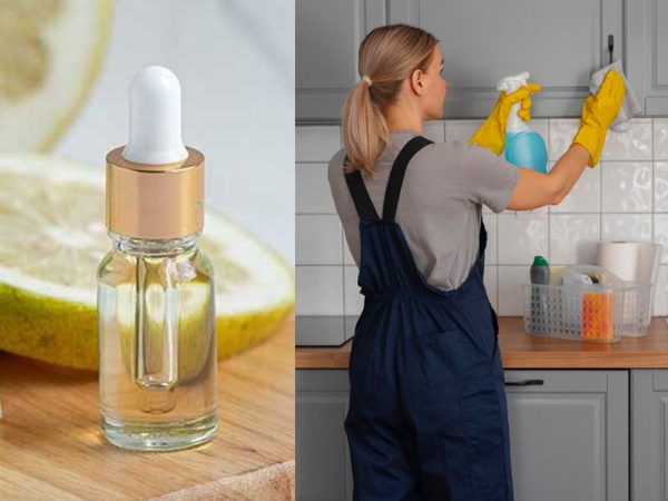 Pha loãng tinh dầu bưởi để vệ sinh nhà bếp giúp khử mùi và hạn chế nấm mốc